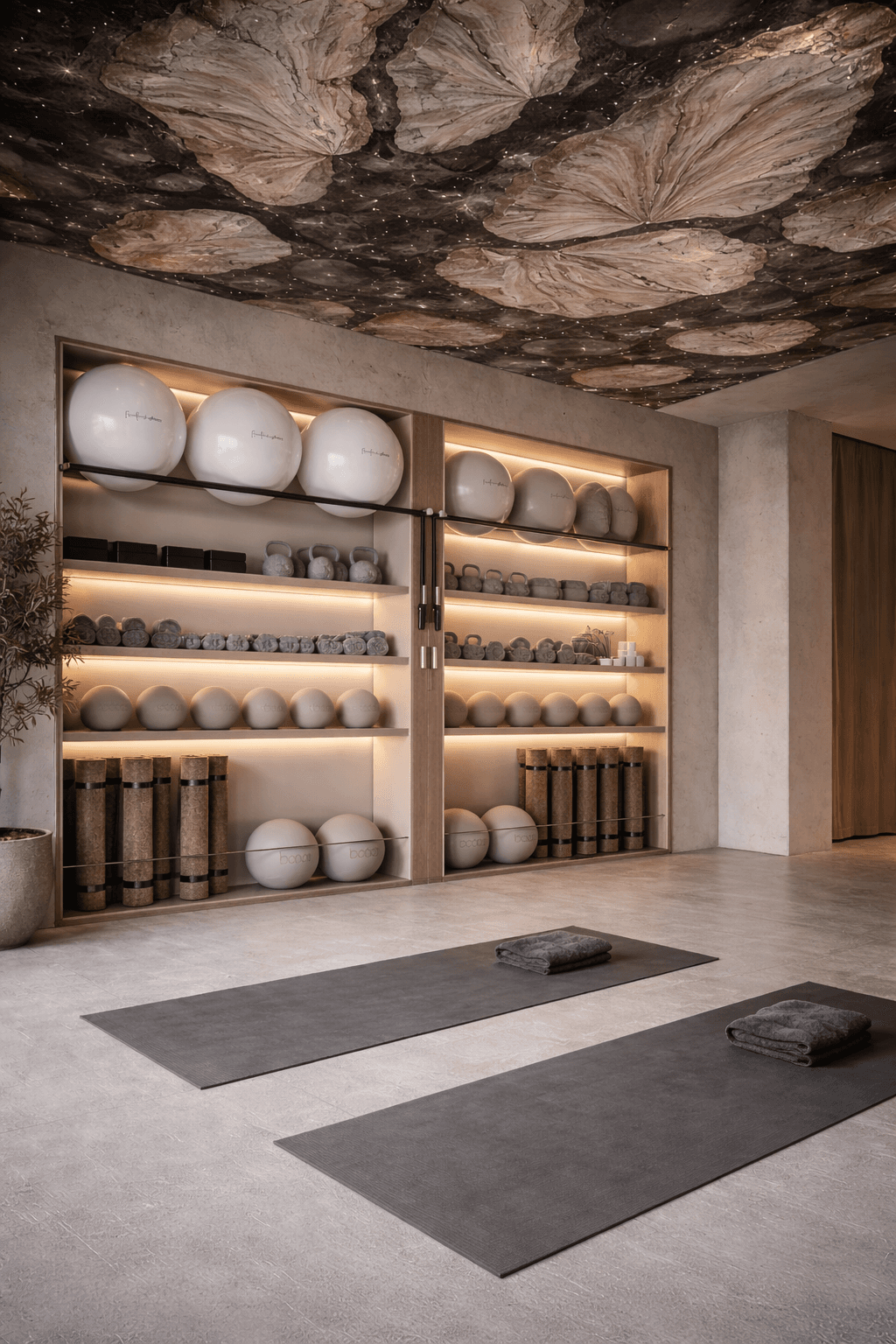 Minimalist lounge vignette with curved seating and soft light