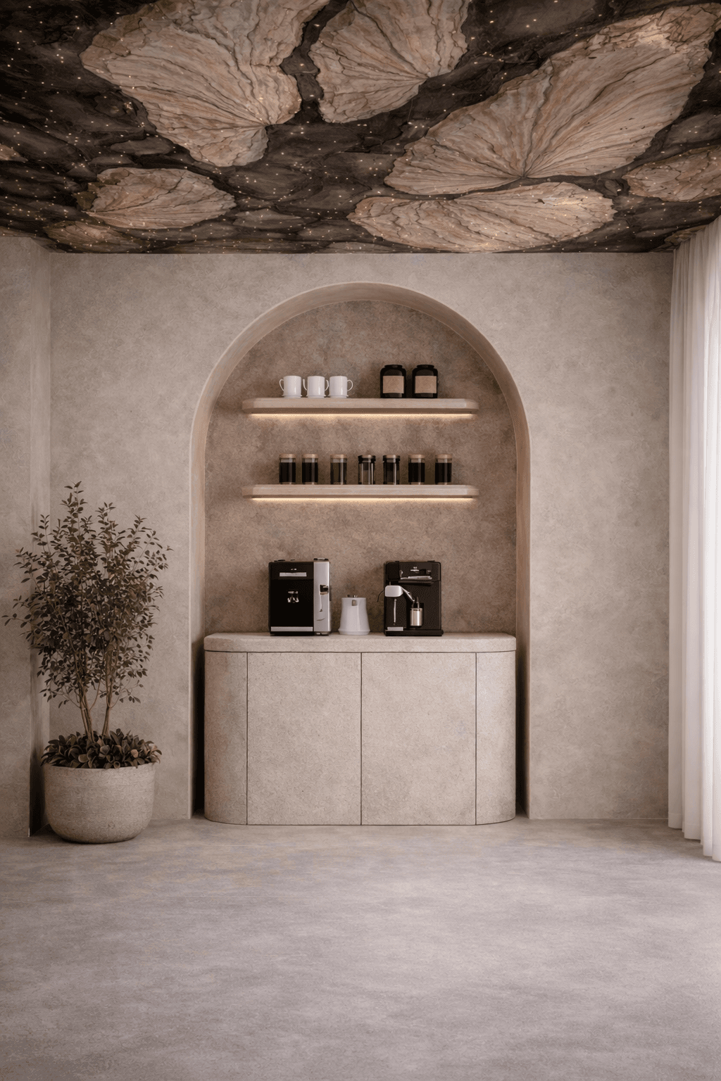 Architectural corridor featuring limestone plaster and niches