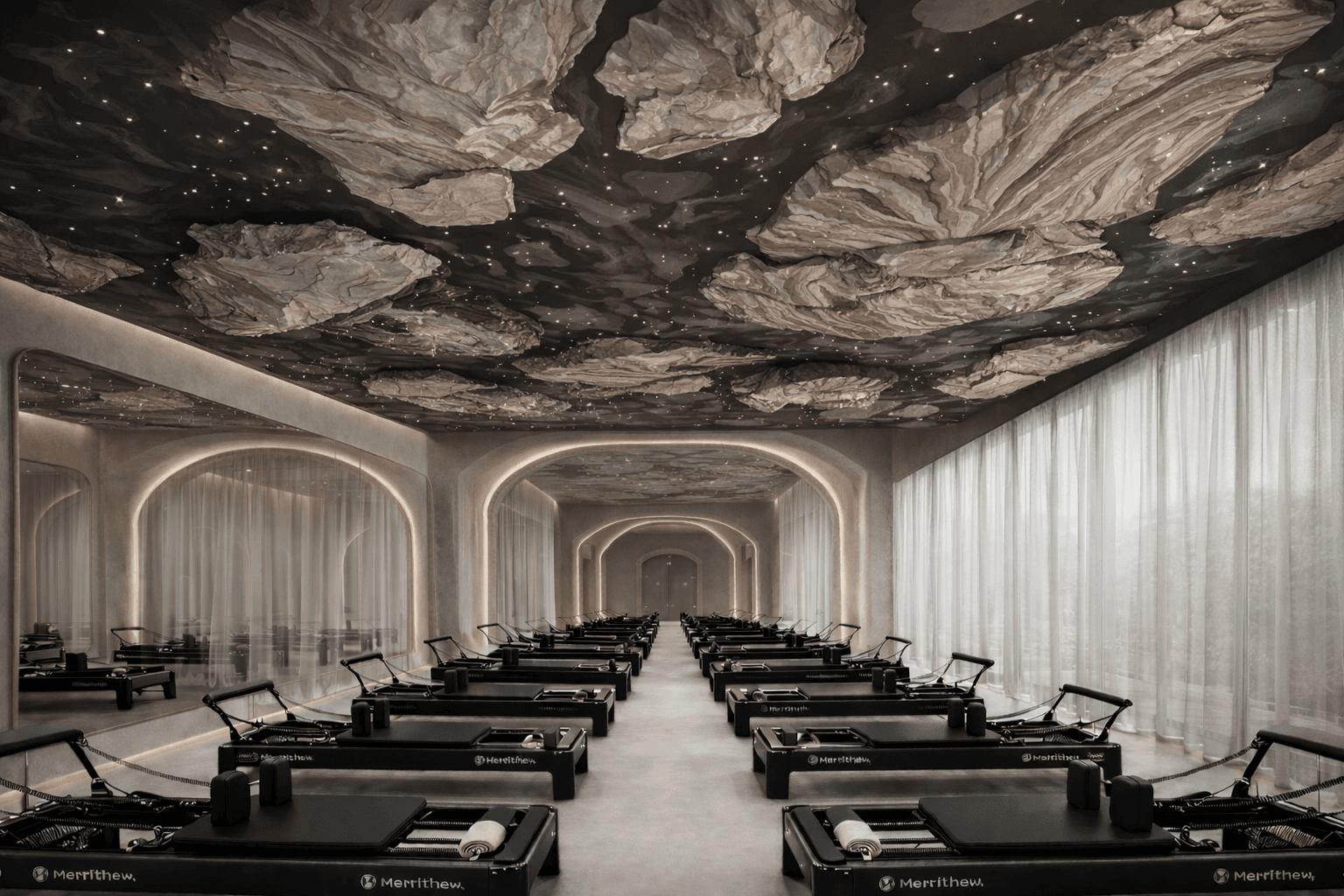 Dim reformer suite with illuminated arches and reflected pilates beds