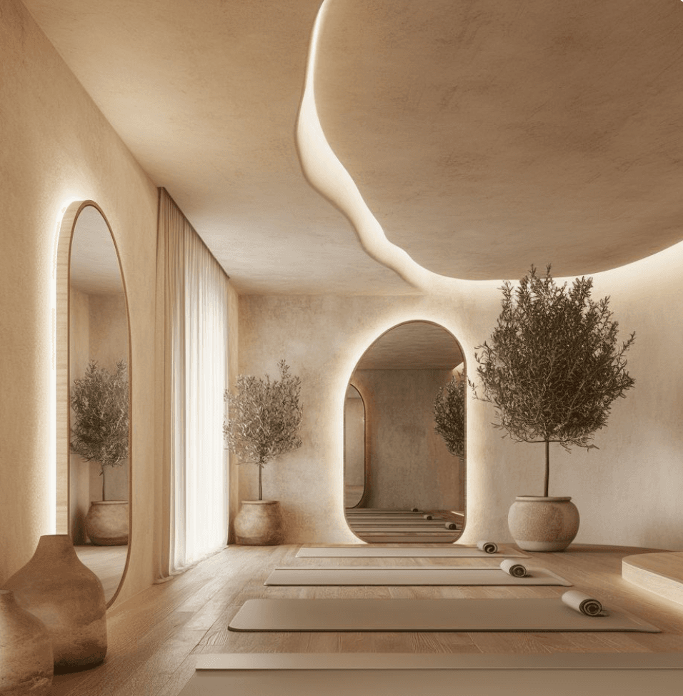 Arched mirrors and Pilates mats inside the Bare Wellness open studio