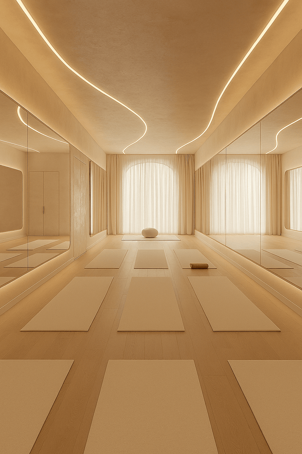 Minimal Pilates studio with wave lighting and mirrors